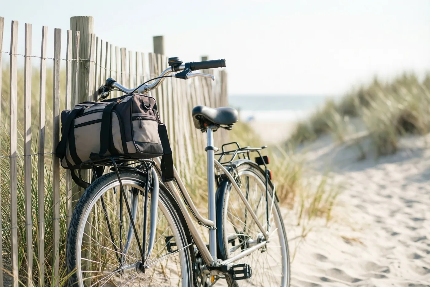 Een fiets met een strandtas op de bagagedrager leunt tegen een houten duinhek op een zandstrand, in helder daglicht met een zacht nevelige achtergrond.