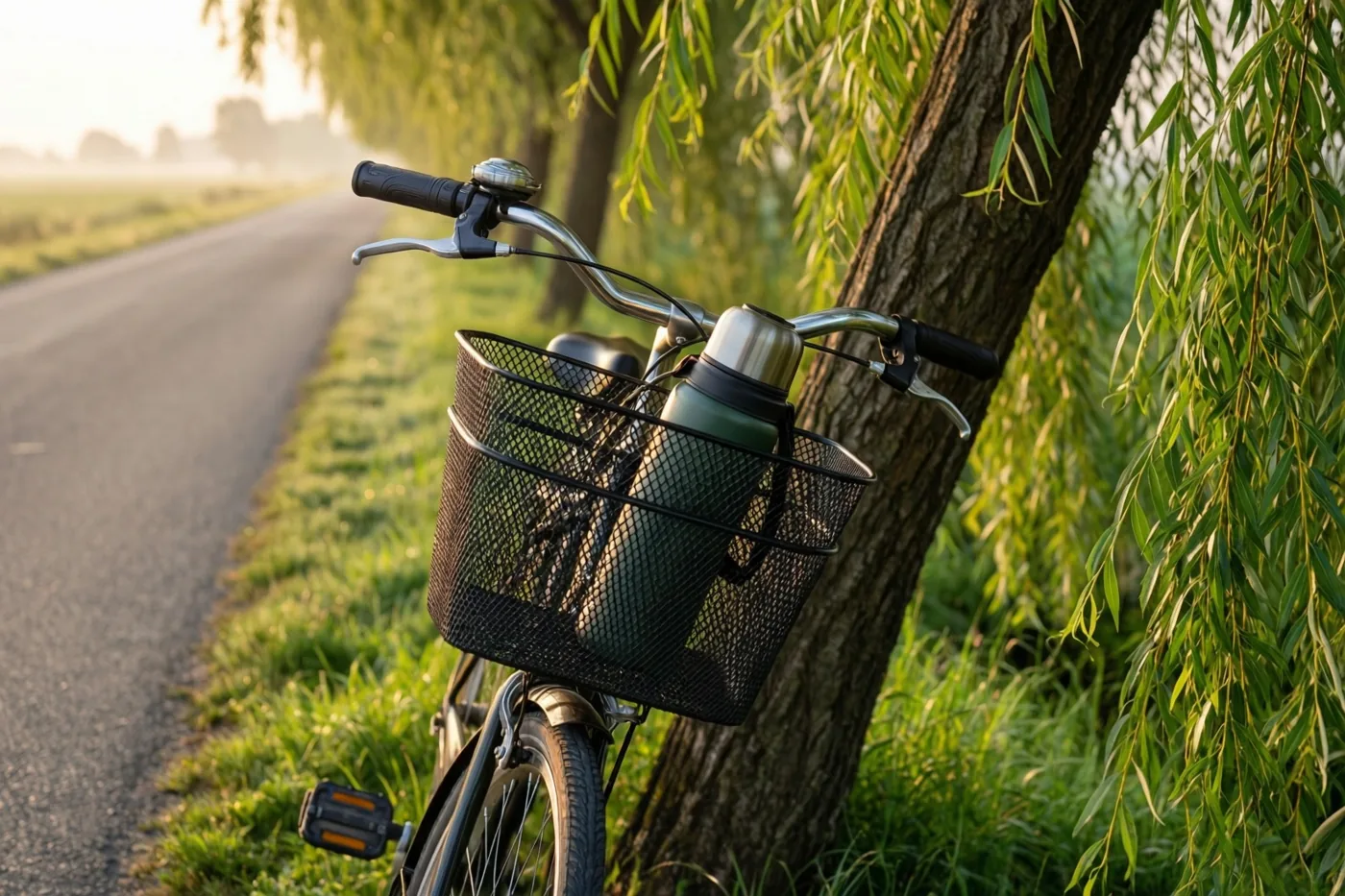Een fiets met een thermos in de mand leunt tegen een knotwilg langs een polderweg bij zonsopgang, met groen en mist op de achtergrond.