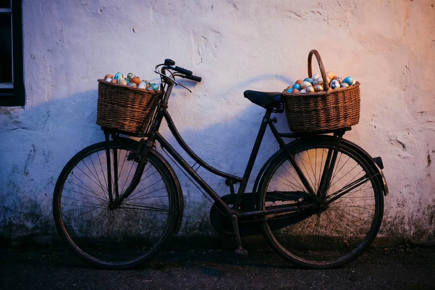 Een oude zwarte fiets met rieten manden vol beschilderde eieren leunt tegen een witgekalkte muur, in verbleekte filmtinten met koelblauw en warmroze licht.