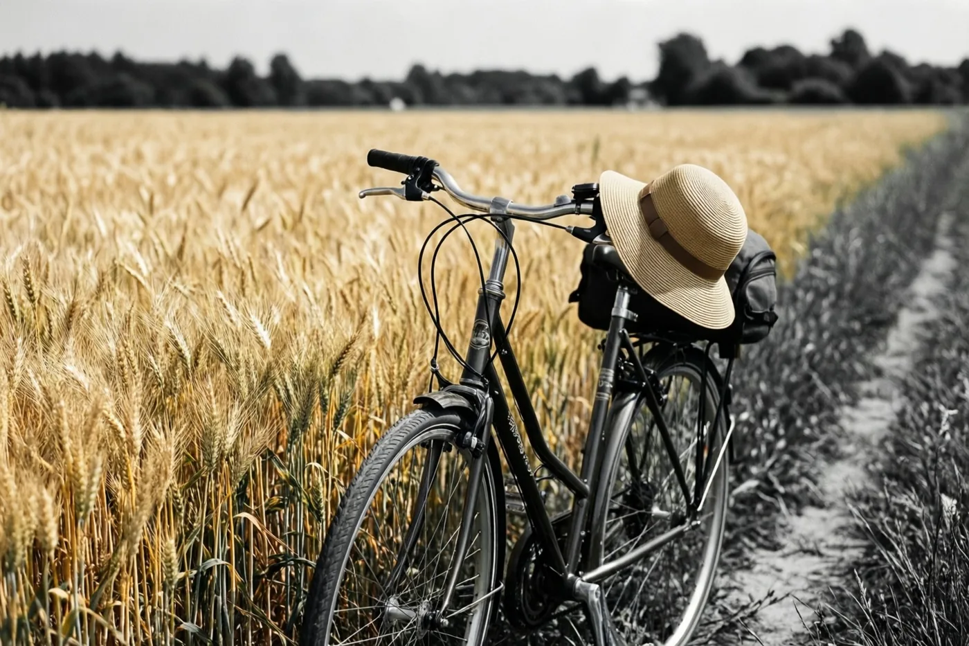 Een toerfiets met een zonnehoed op het stuur staat naast een pad in een goudgeel tarweveld, met gedempte kleuren op de achtergrond.