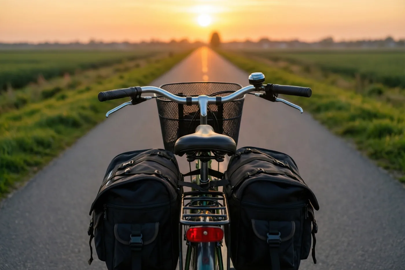 Een fiets met zwarte fietstassen is van voren te zien op een rechte dijkweg bij een ondergaande zon in oranje en gele tinten.