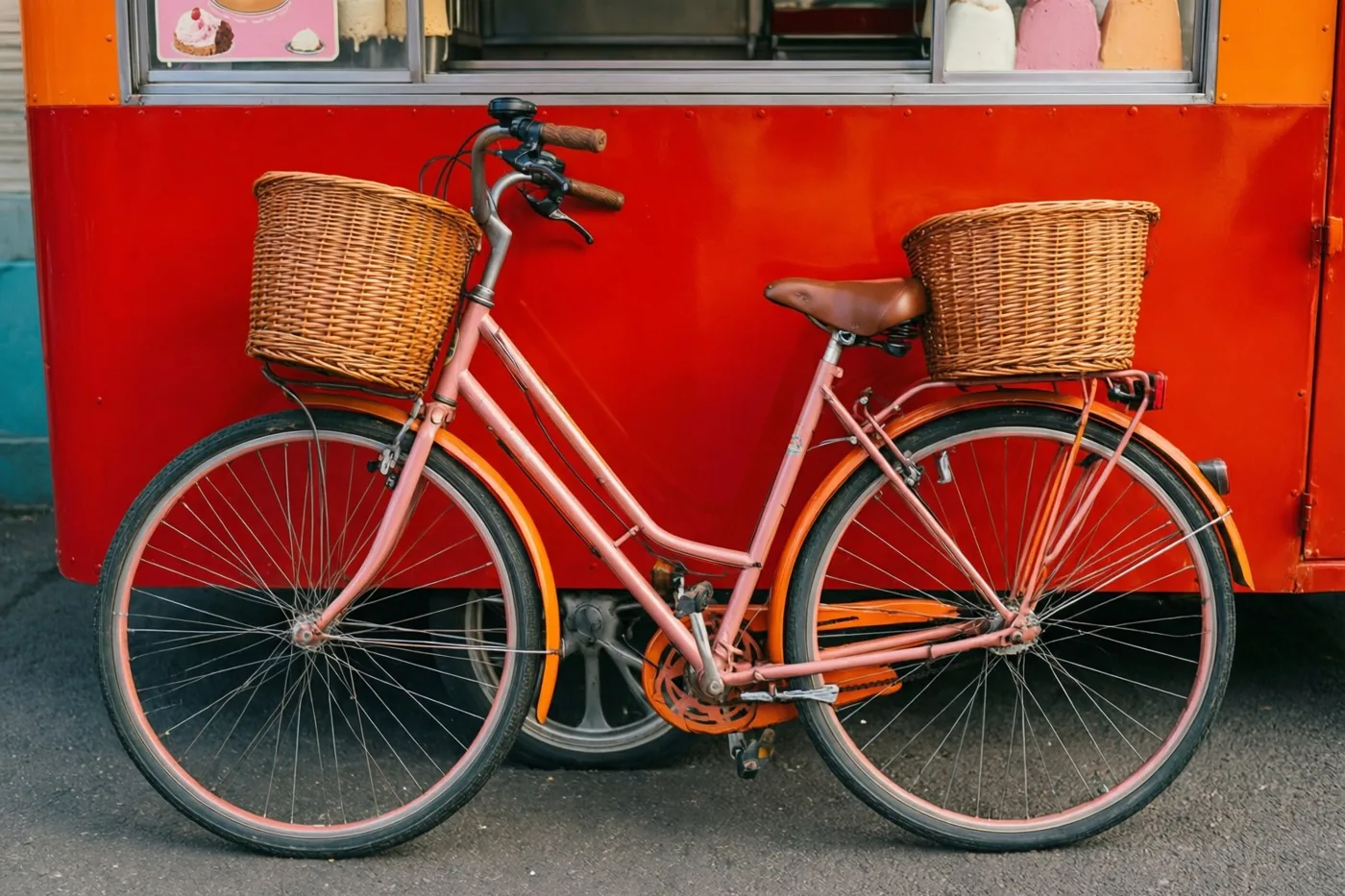 Een fiets in retrostijl met rieten manden aan het stuur en op de bagagedrager staat naast een felrode en oranje ijskar.