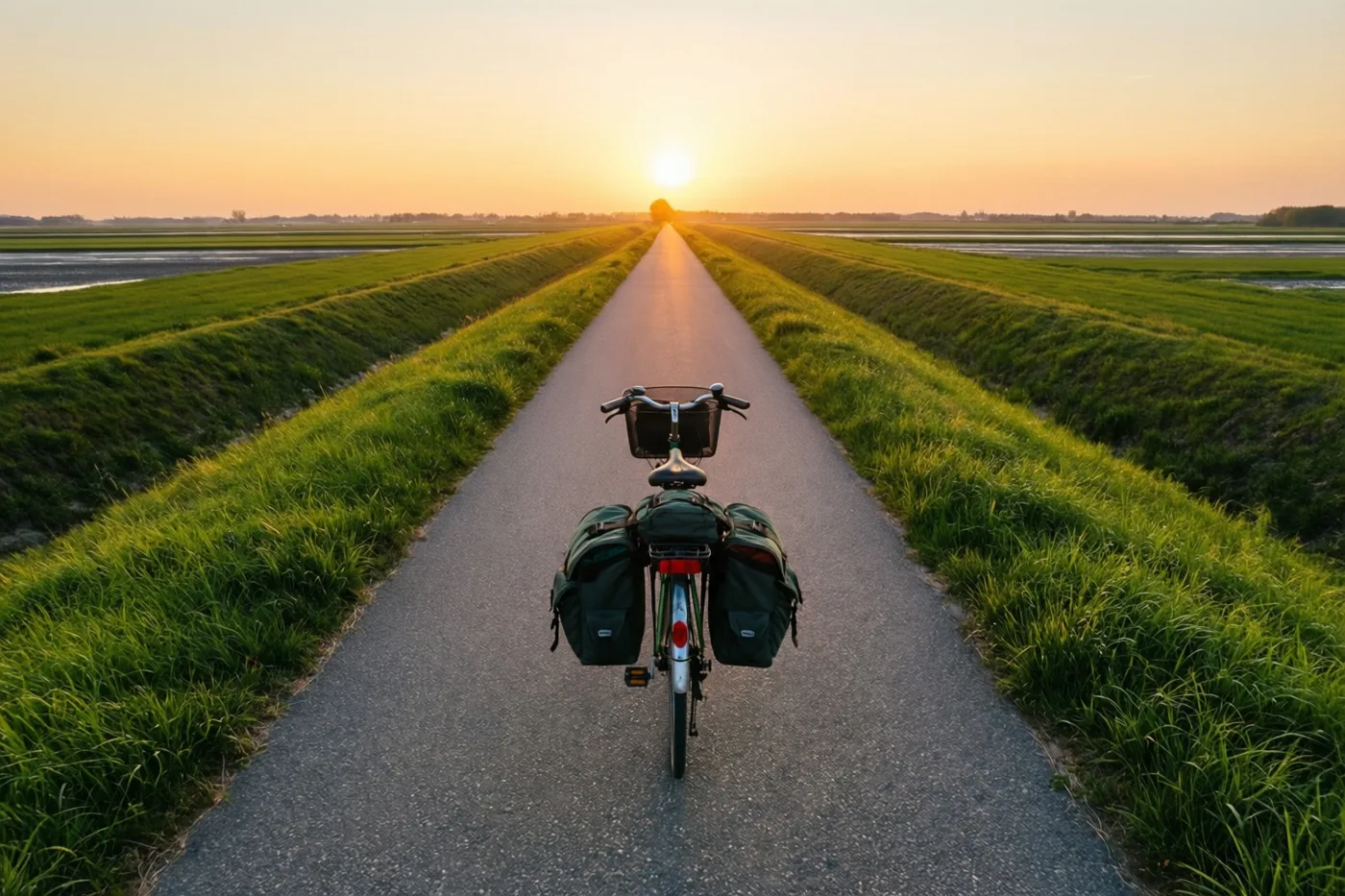 Een fiets met groene fietstassen rijdt van achteren gezien over een rechte verharde dijkweg tussen groene bermen naar de ondergaande zon.