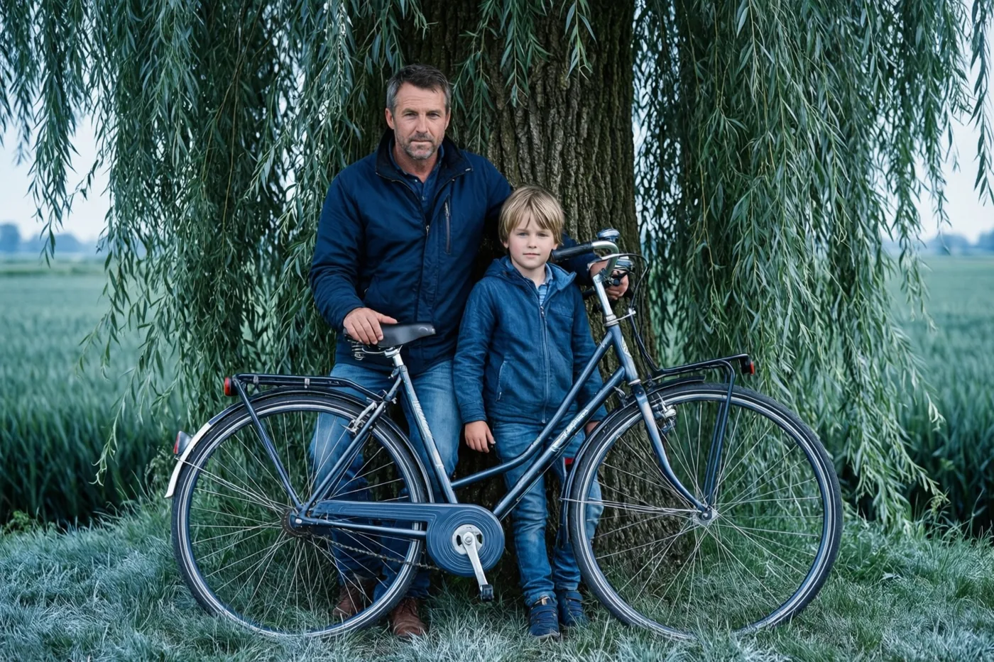 Een man en een jonge jongen staan naast een fiets die tegen een knotwilg leunt in een grasrijk polderlandschap met blauwe en groene tinten.