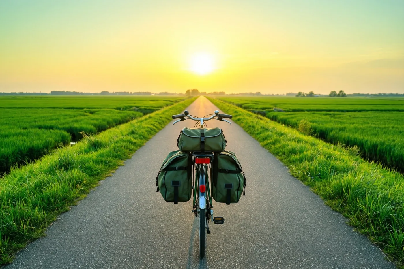 Een fiets met groene fietstassen rijdt van achteren gezien over een rechte asfaltweg tussen groene velden naar een felle zonsondergang.