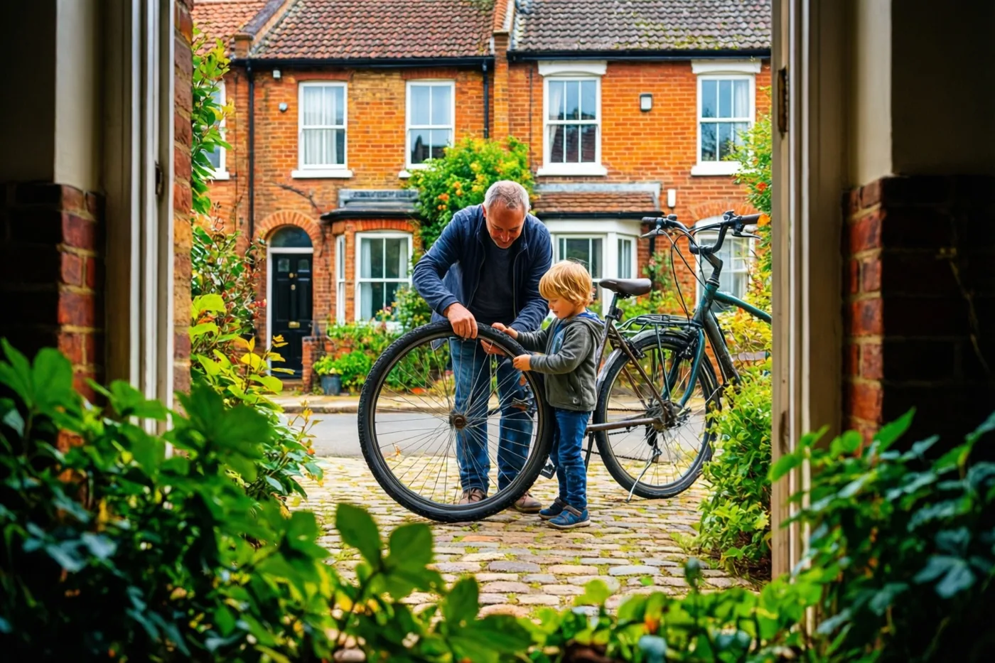 Een man en een jong kind herstellen samen een fietsband op een kasseipad voor een rood bakstenen rijhuis, gezien langs een deuropening en groene planten.