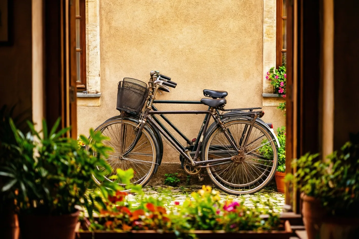 Door een deuropening met potplanten en bloemen zijn twee oude fietsen tegen een beige muur met reliëf te zien in goudkleurig licht.