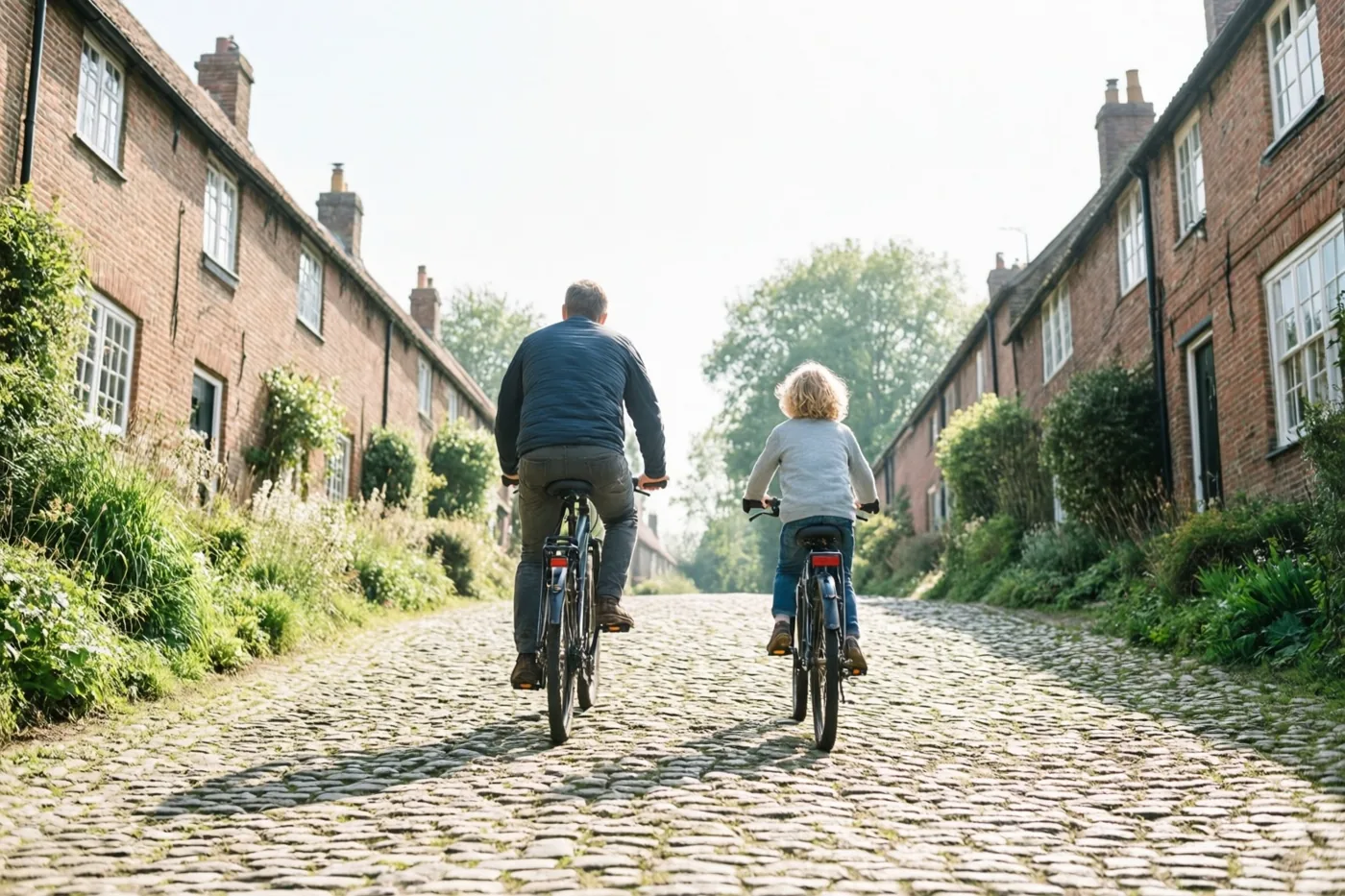 Een vader en kind fietsen van achteren gezien een steile kasseihelling op tussen rijen bakstenen hoeves in de zon.