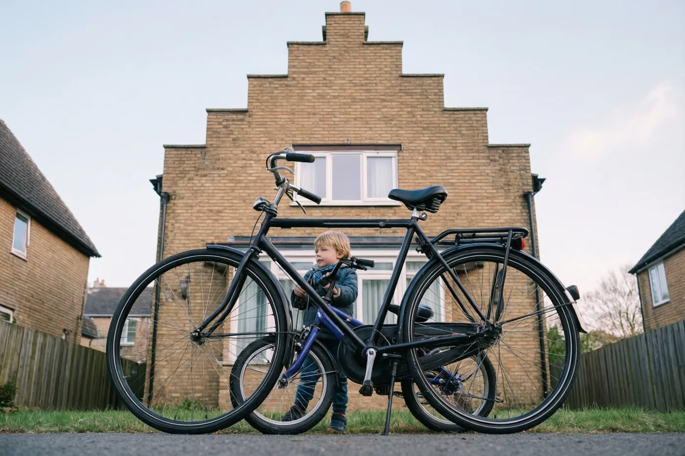 Een grote zwarte fiets en een kleinere kinderfiets leunen tegen elkaar op een verharde ondergrond voor een bakstenen rijhuis met een trapgevel onder een bewolkte hemel.