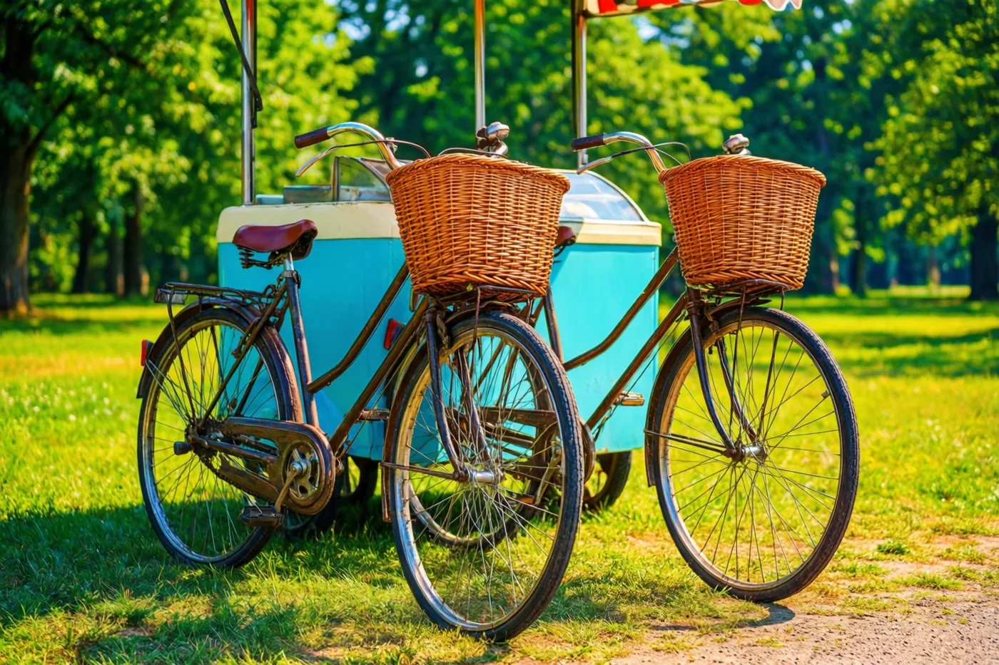 Twee oude fietsen met rieten manden staan naast elkaar bij een ijskar in retrostijl in een zonnig park met groen gras en bomen.