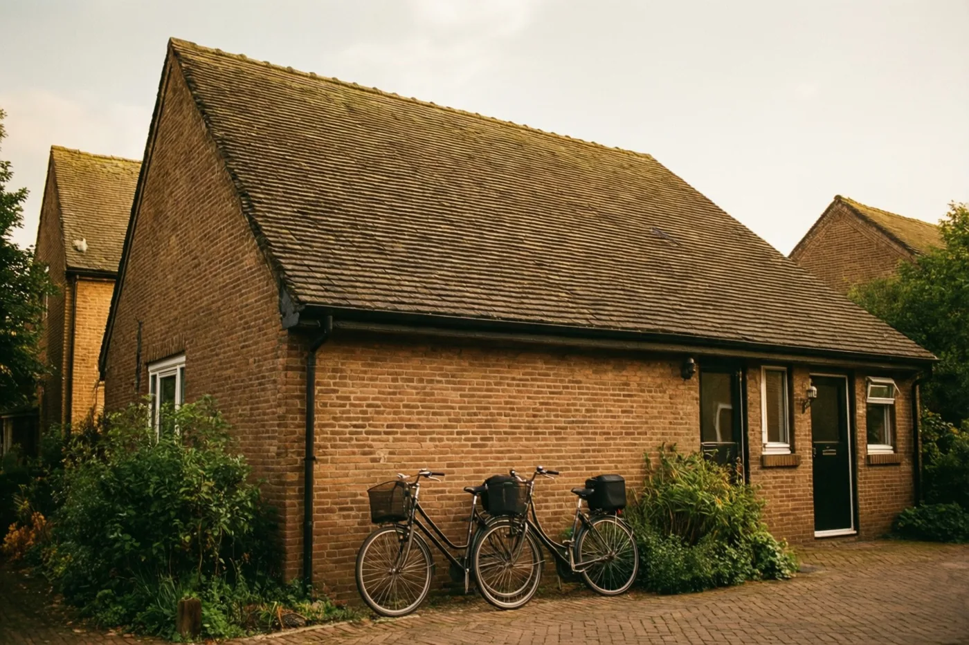 Twee fietsen staan naast elkaar tegen de bakstenen muur van een rijwoning met een trapgevel, in een rustige woonbuurt met groen en een verhard pad.