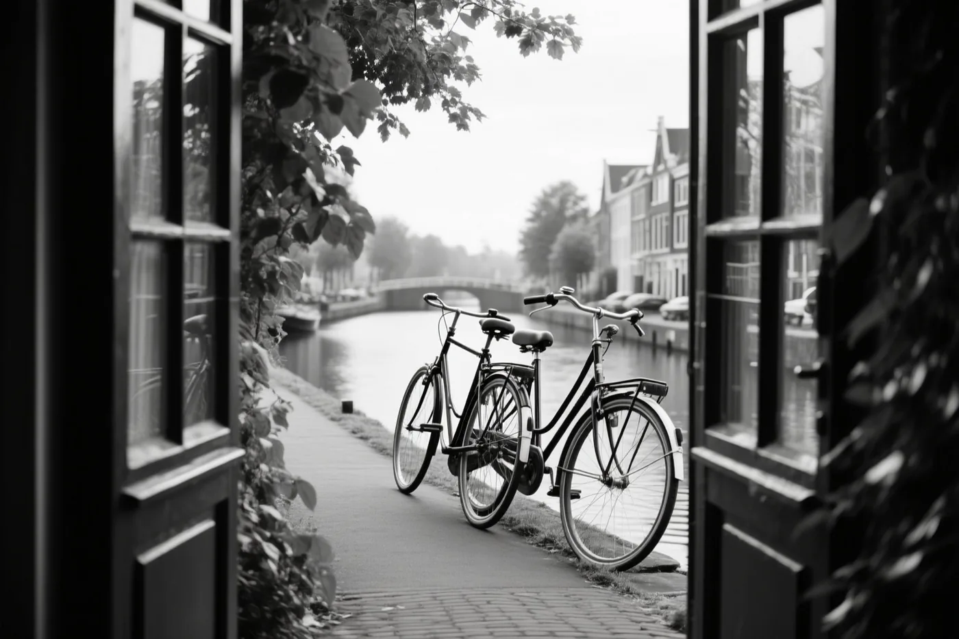 Door een open deuropening zijn twee fietsen te zien die tegen elkaar leunen op een verhard pad langs een kanaal, in zwart-wit.