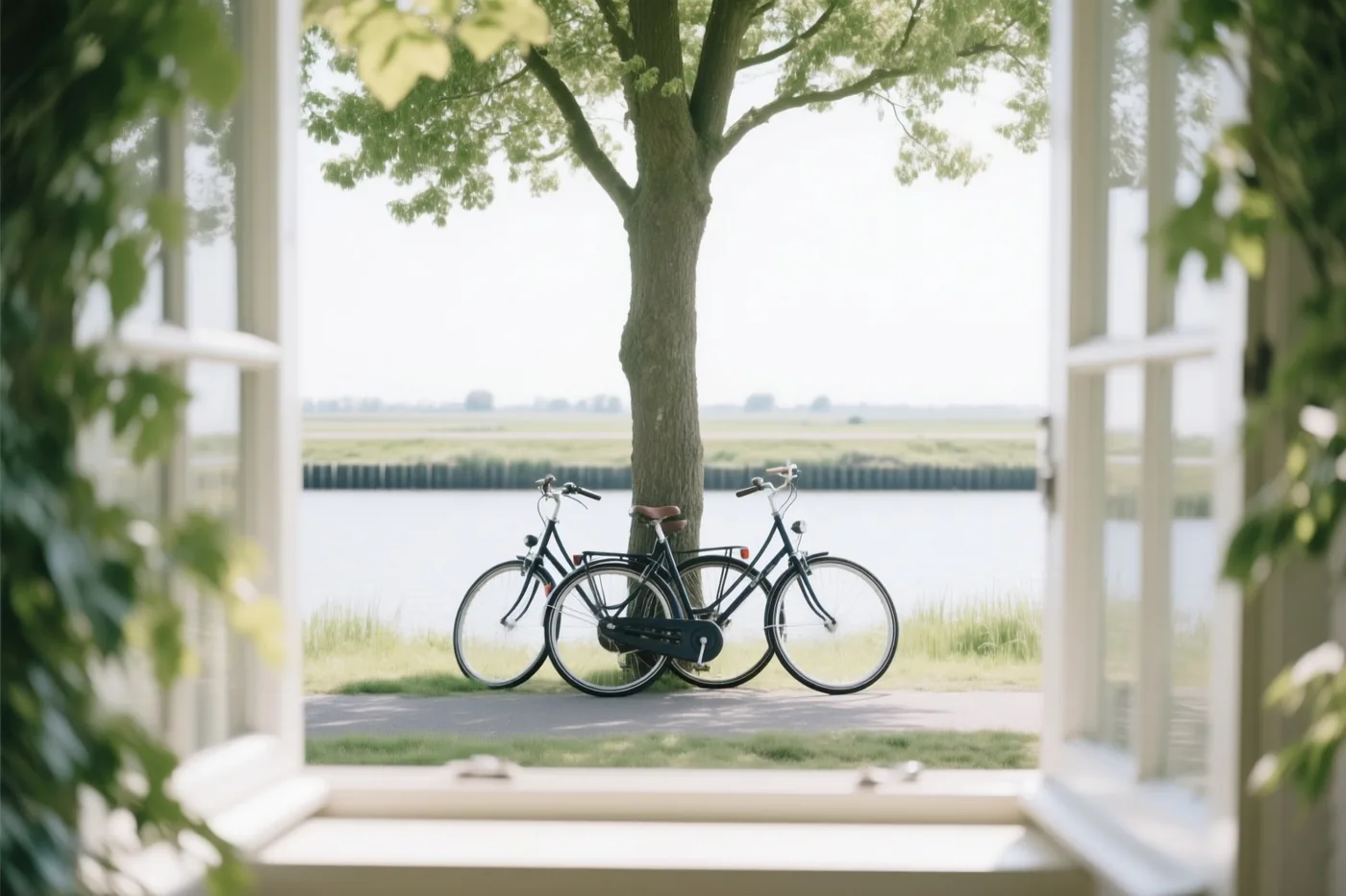 Door een open raam zie je twee fietsen die tegen elkaar leunen onder een boom op een polderdijk in zacht daglicht.
