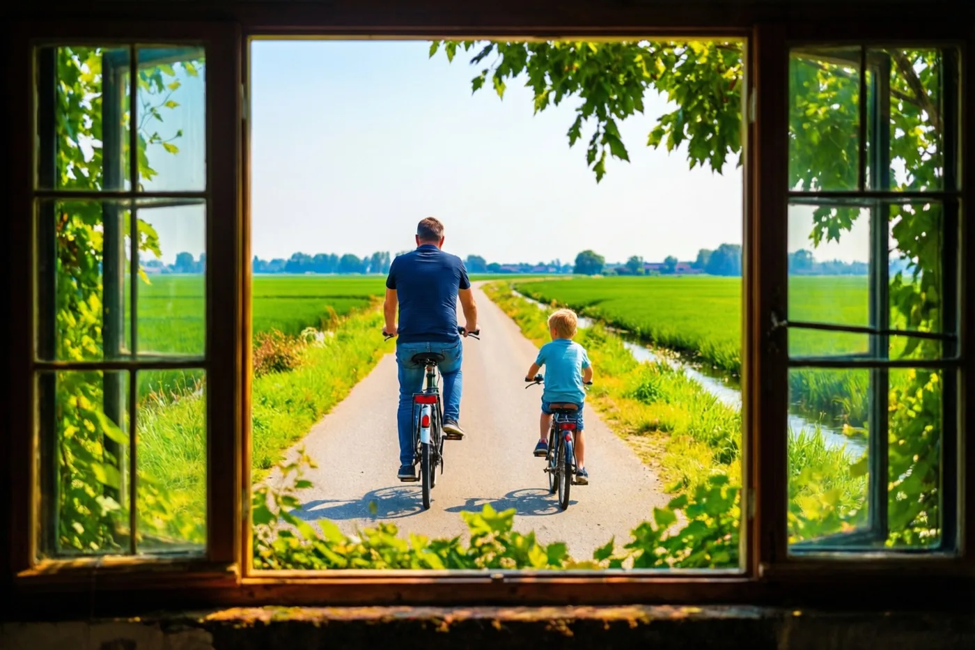 Door een open raam met groen eromheen zijn een vader en kind van achteren te zien terwijl ze over een verharde weg door groene polders fietsen.