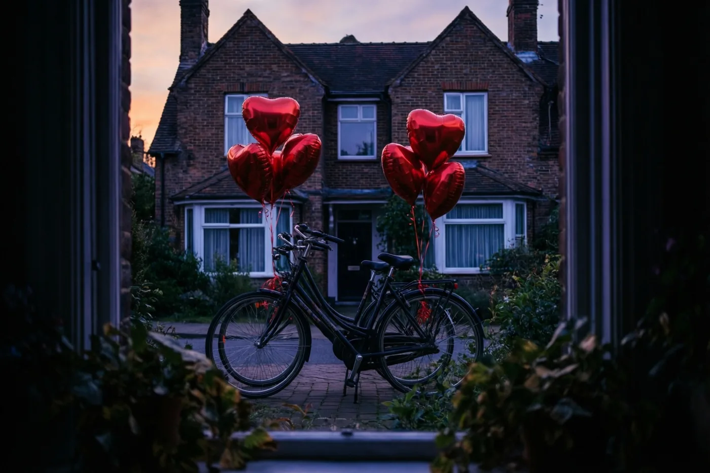 Door een raam zijn twee fietsen met rode hartvormige ballonnen te zien op een bakstenen pad voor een bakstenen rijhuis in het warme licht van de schemering.