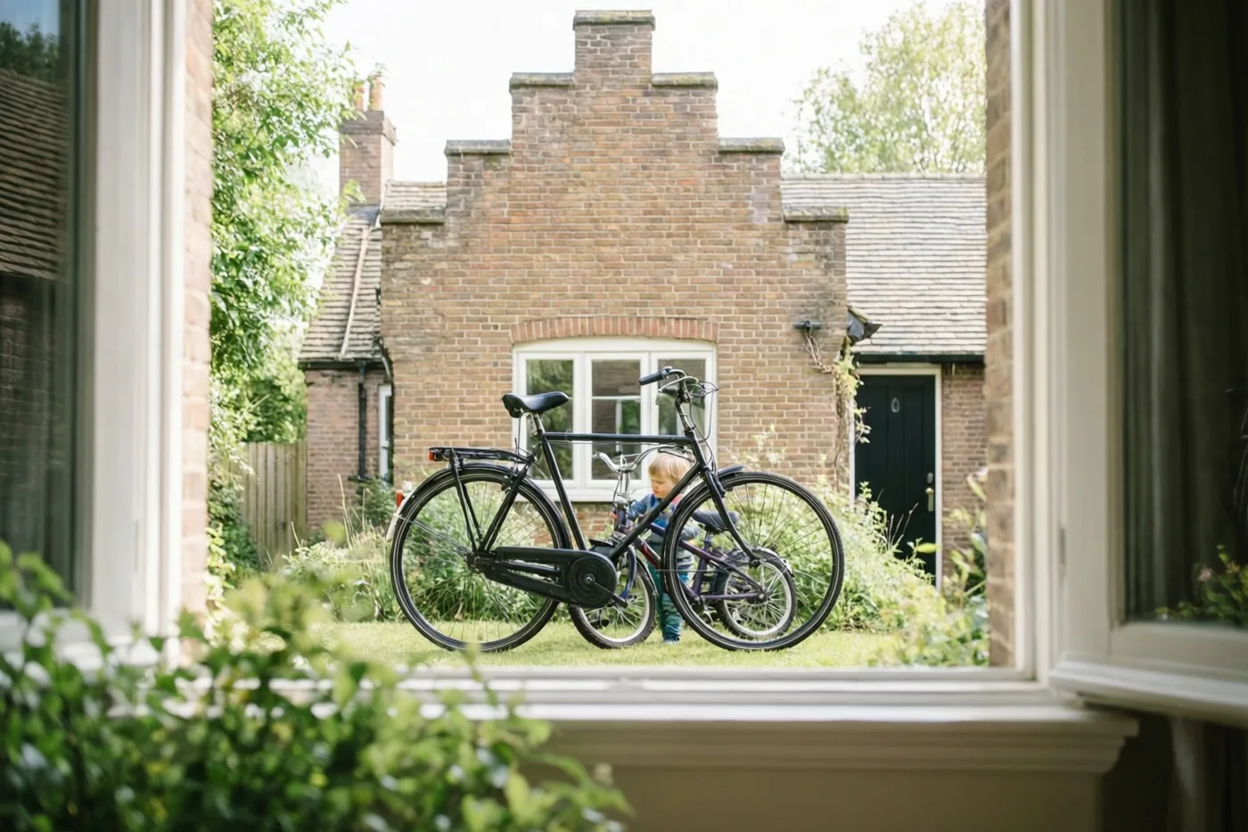 Door een raam met groen op de voorgrond zijn een grote zwarte fiets en een kleinere kinderfiets te zien die tegen elkaar leunen op het gras voor een bakstenen rijhuis met een trapgevel.