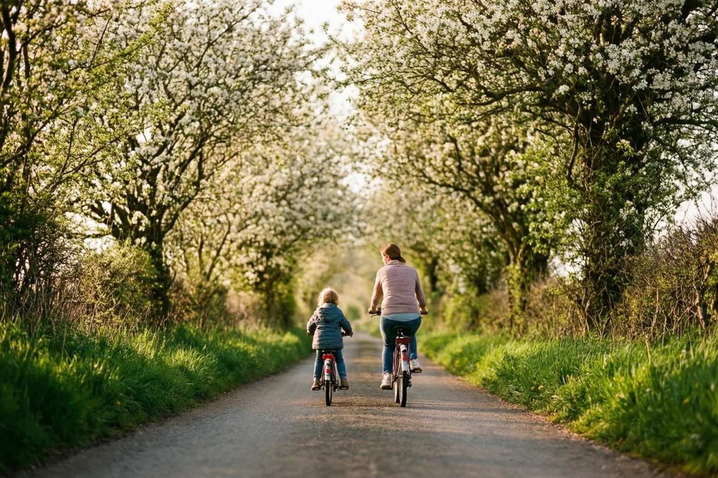 Een moeder en kind fietsen van de kijker weg naast elkaar over een smal landweggetje tussen wit bloeiende bomen in warm goudkleurig zonlicht.