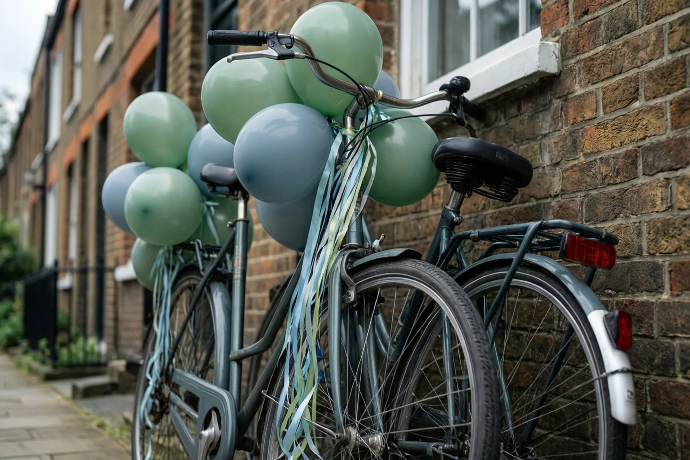 Twee fietsen met groene en blauwe ballonnen en wapperende linten staan naast elkaar tegen een bakstenen muur in een woonstraat met rijhuizen op de achtergrond.