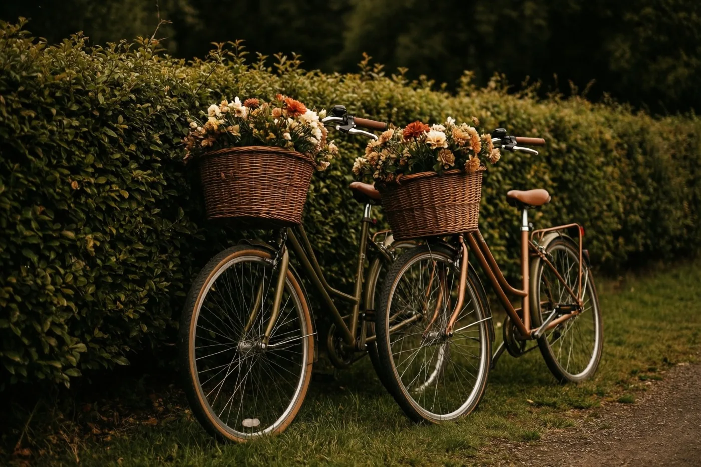 Twee fietsen met rieten manden vol bloemen in herfstkleuren leunen tegen elkaar naast een dichte groene haag in warm, zacht licht.