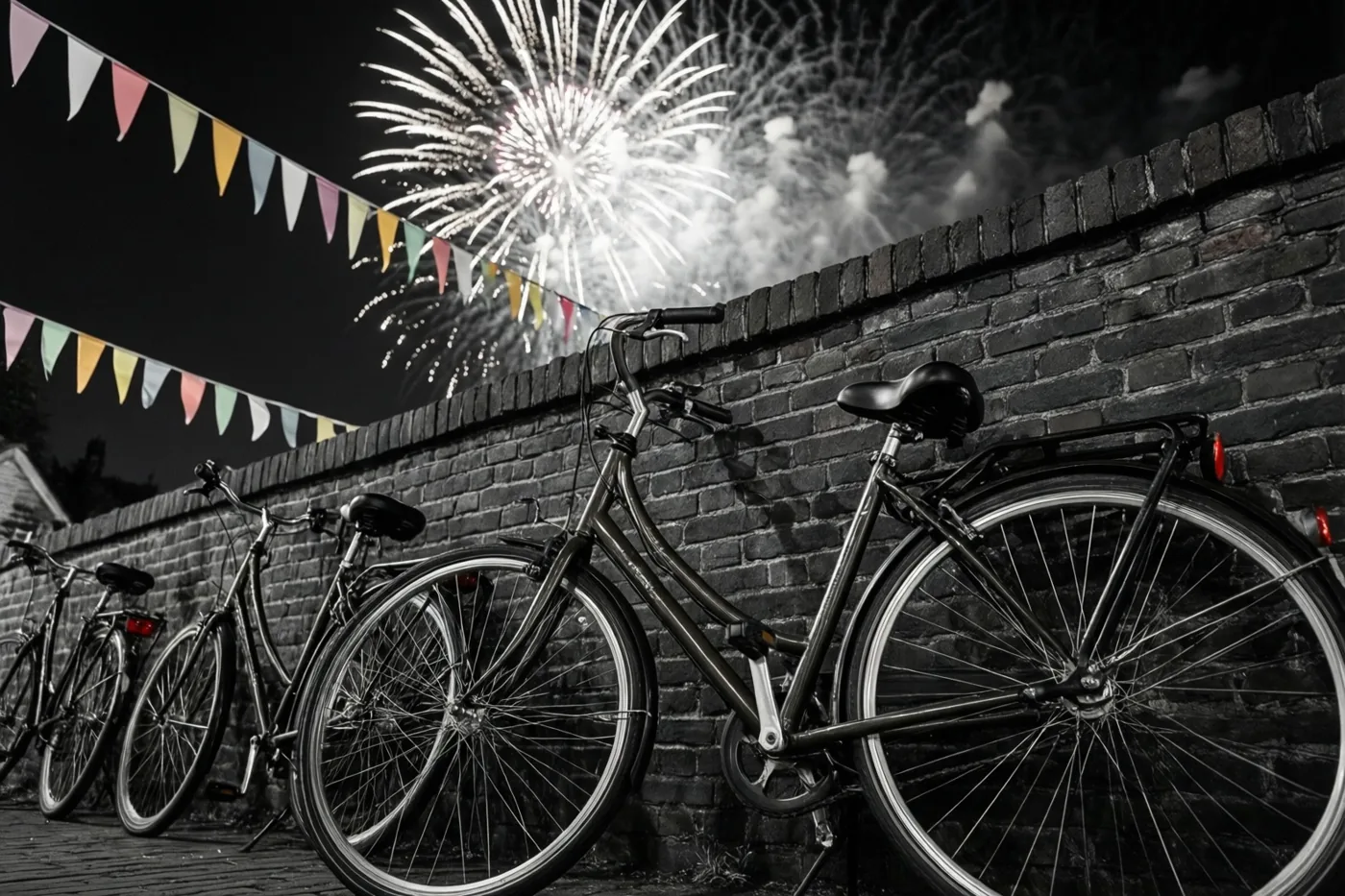 Fietsen tegen een donkere bakstenen muur zijn in zwart-wit weergegeven, terwijl driehoekige vlaggetjes erboven en vuurwerk in de nachthemel felgekleurd zijn.