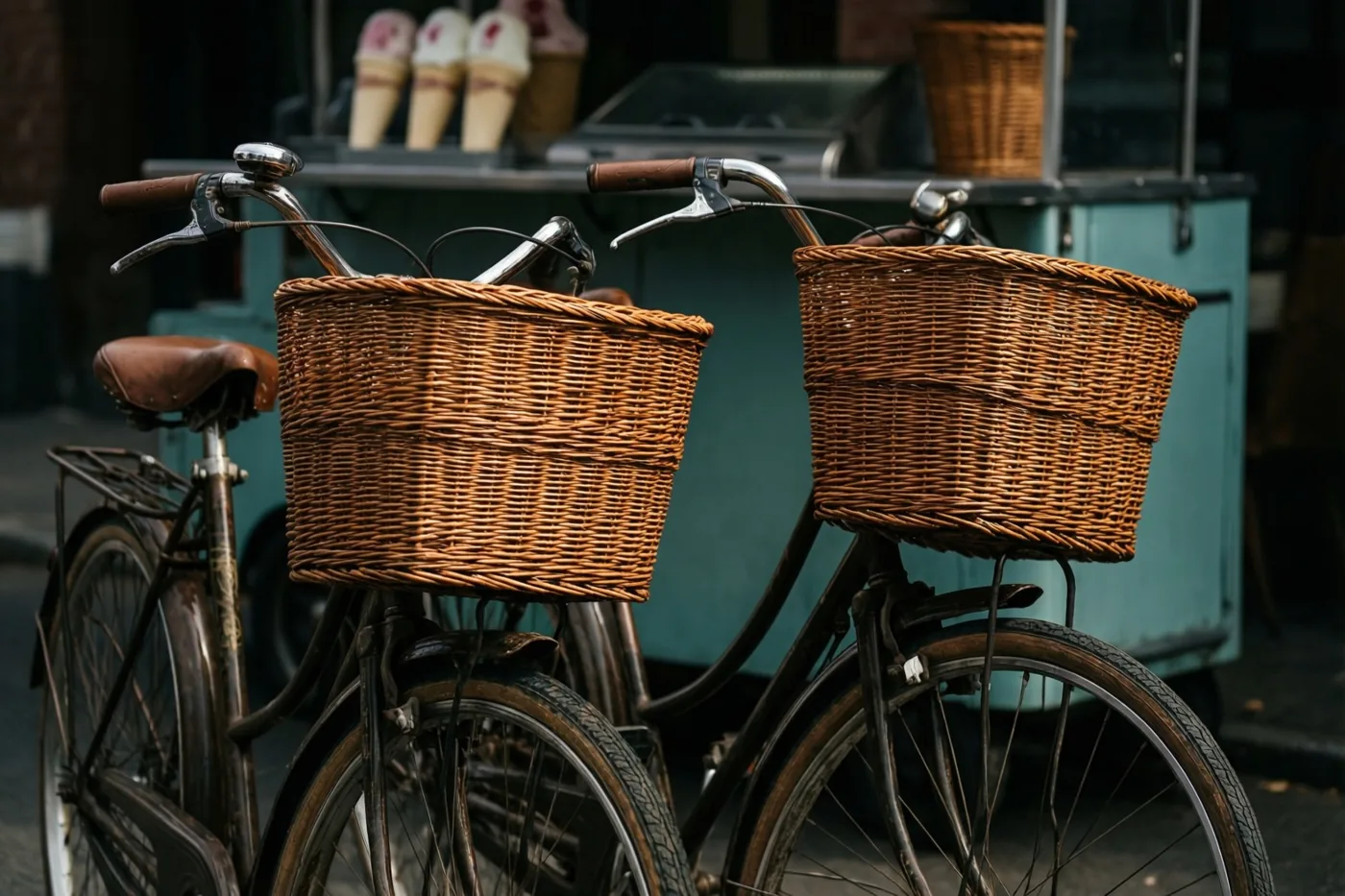 Twee oude fietsen met rieten manden staan naast elkaar voor een blauwgroene ijskar, in warme bruine, blauwgroene en zwarte tinten.