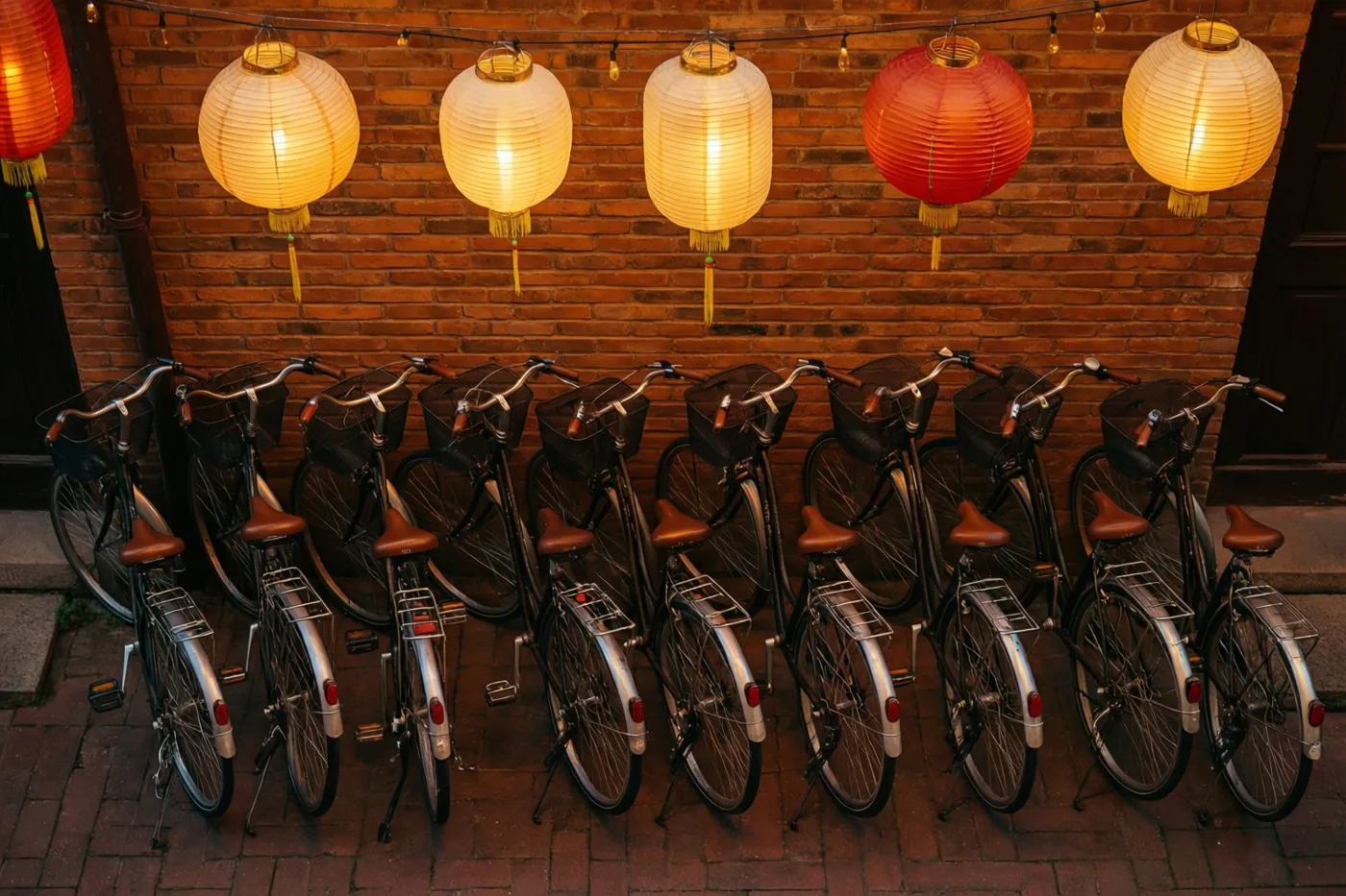 Een rij fietsen met manden en bagagedragers staat tegen een rode bakstenen muur, met warm geel en rood gloeiende papieren lampionnen erboven.