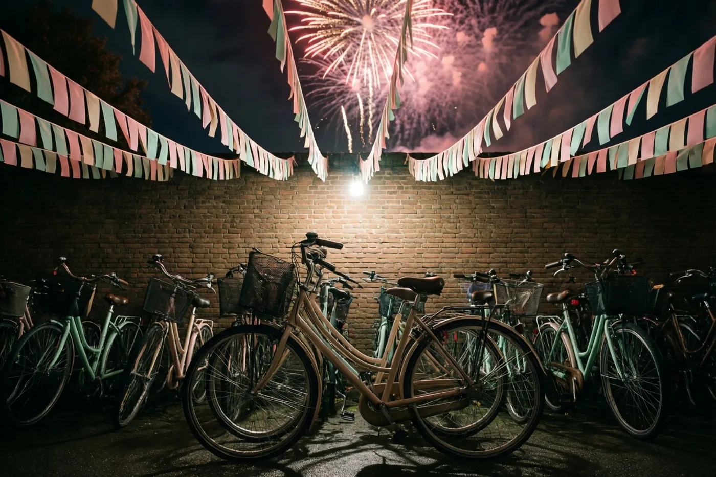 Een rij fietsen staat tegen een bakstenen muur onder kleurrijke slingers en één lamp, met vuurwerk in de nachthemel erboven.