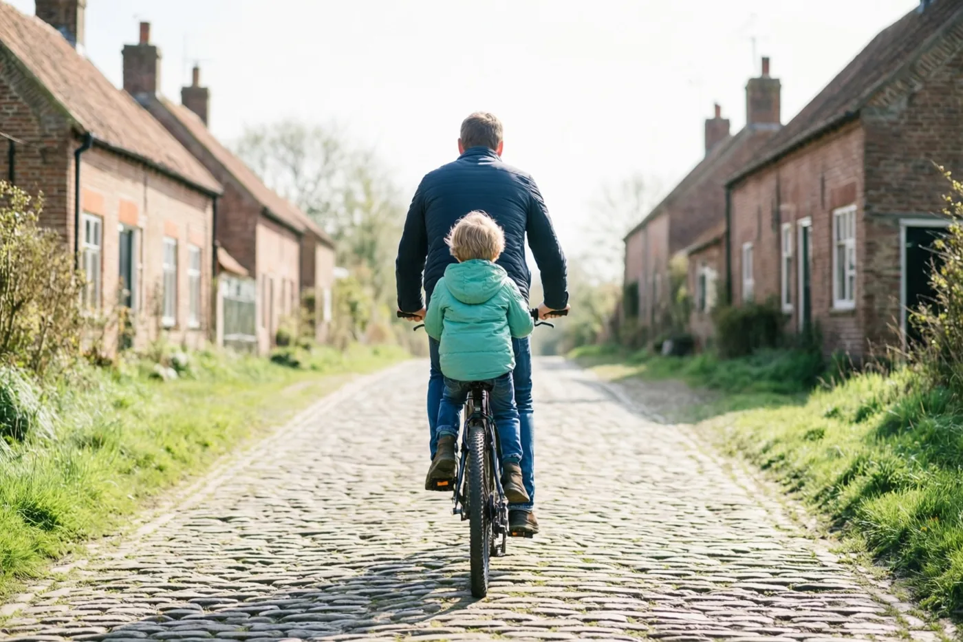 Een vader en kind fietsen van achteren gezien samen over een kasseipad tussen rijen bakstenen hoeves, met groen gras aan weerszijden.