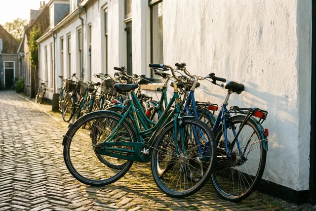 Een rij fietsen staat tegen een witgekalkte muur langs een zonnige kasseisteeg met lange schaduwen en blauwe en blauwgroene tinten.