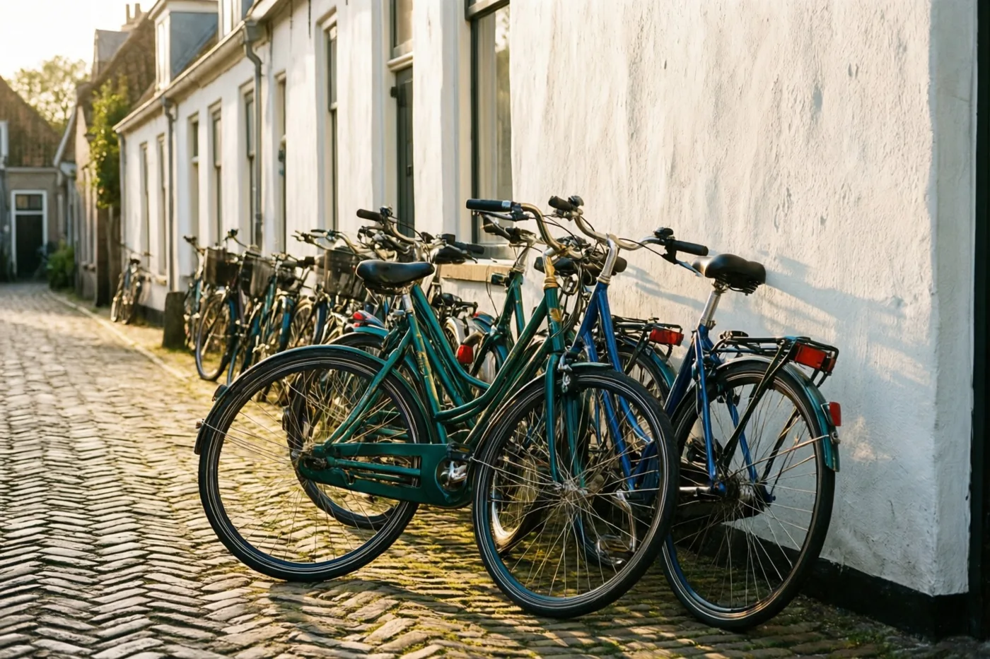 Een rij fietsen staat tegen een witgekalkte muur langs een zonnige kasseisteeg met lange schaduwen en blauwe en blauwgroene tinten.