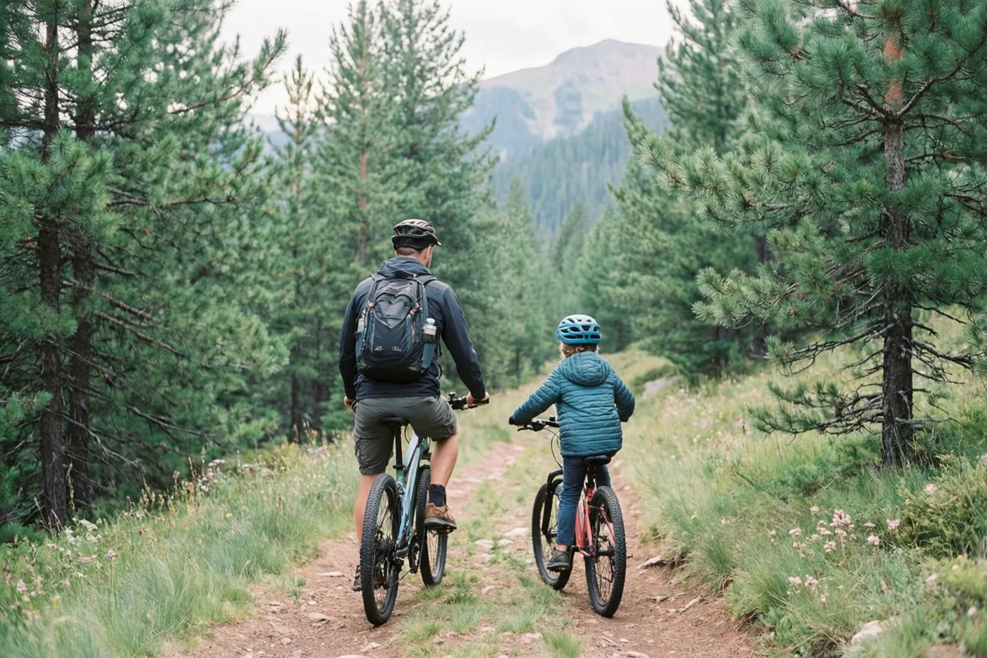 Een vader en kind fietsen van achteren gezien op mountainbikes over een onverhard pad tussen dichte dennen, met een berg onder een bewolkte hemel in de verte.
