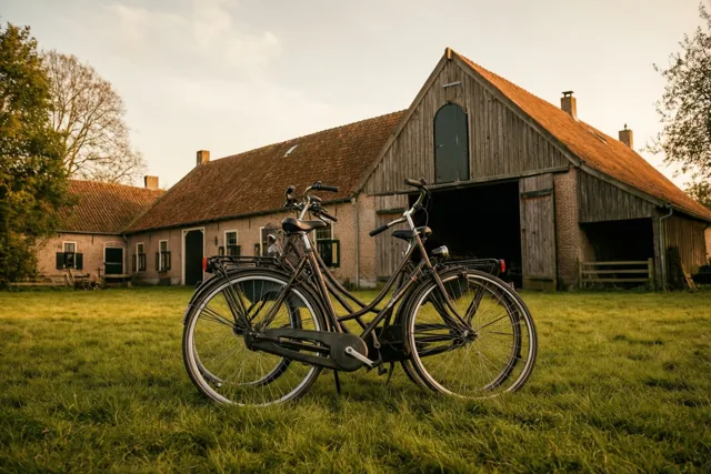 Twee fietsen leunen tegen elkaar op een grasveld voor een grote traditionele Vlaamse hoeve met een opvallende houten schuur in warm, goudkleurig licht.