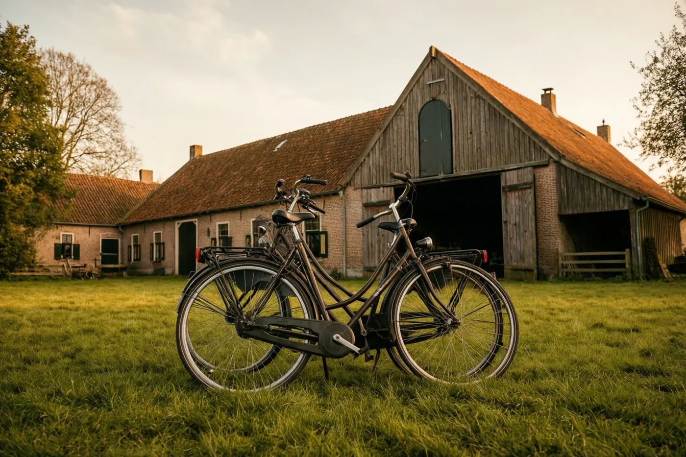 Twee fietsen leunen tegen elkaar op een grasveld voor een grote traditionele Vlaamse hoeve met een opvallende houten schuur in warm, goudkleurig licht.