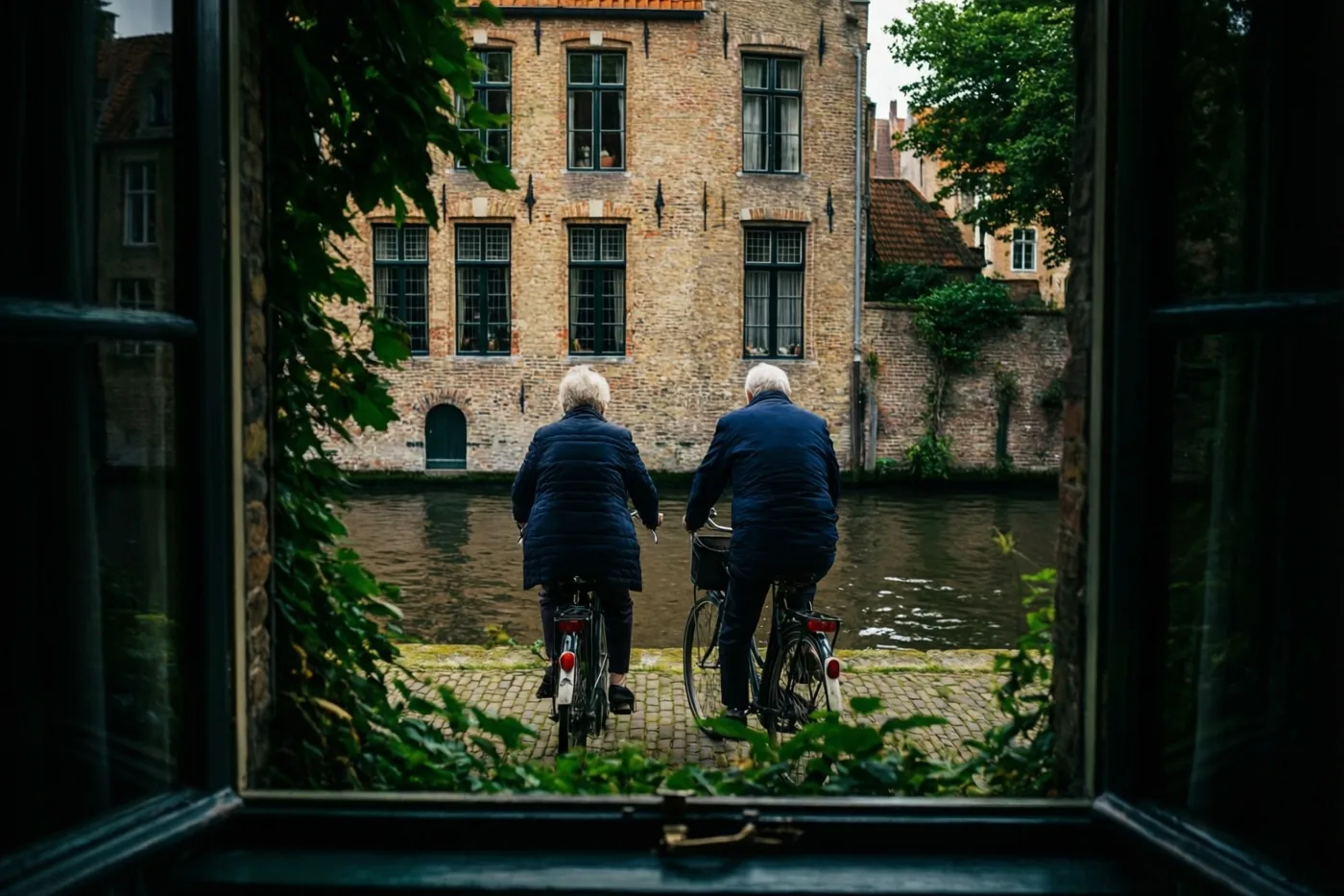 Door een raam met groen gebladerte ervoor is een ouder koppel van achteren te zien, fietsend naast elkaar langs een kanaal met oude bakstenen gevels.