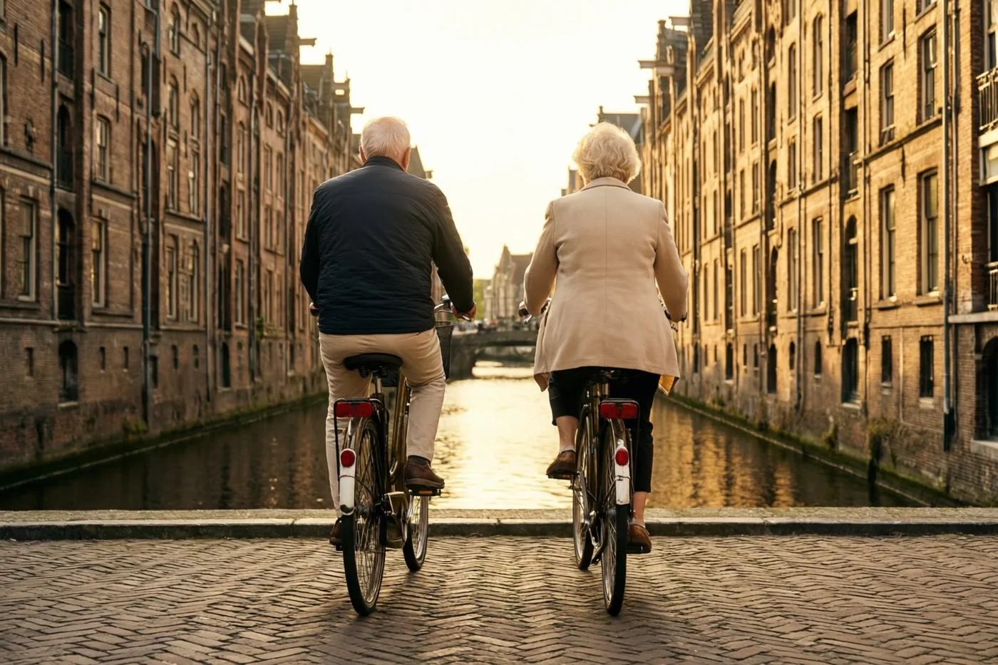 Een ouder koppel fietst, van achteren gezien, naast elkaar langs een kanaal met oude bakstenen gevels in warm gouden licht.