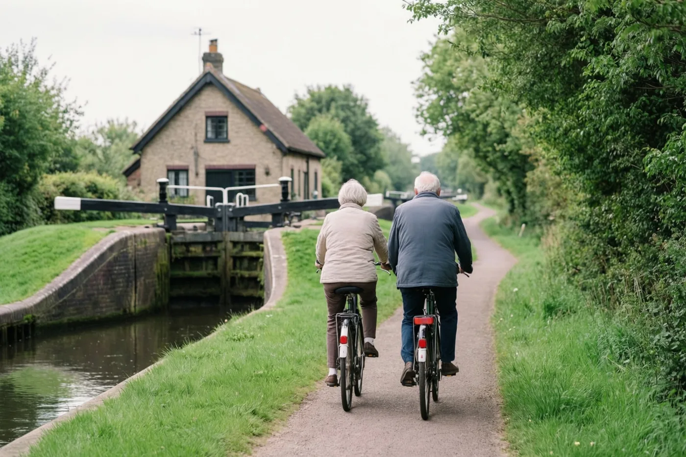 Een ouder koppel fietst met de rug naar de kijker over een jaagpad langs een kanaal en een sluiswachtershuisje in een groene, landelijke omgeving.