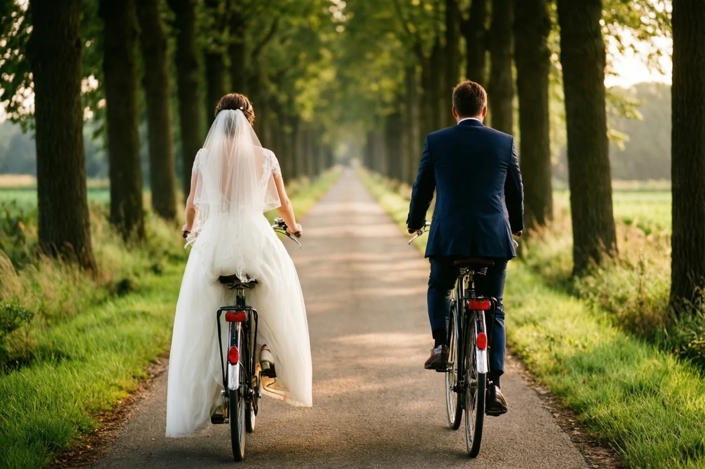 Een bruid met een witte trouwjurk en sluier en een bruidegom in een donker pak fietsen naast elkaar door een bomenlaan in warm gouden zonlicht, gezien van achteren.