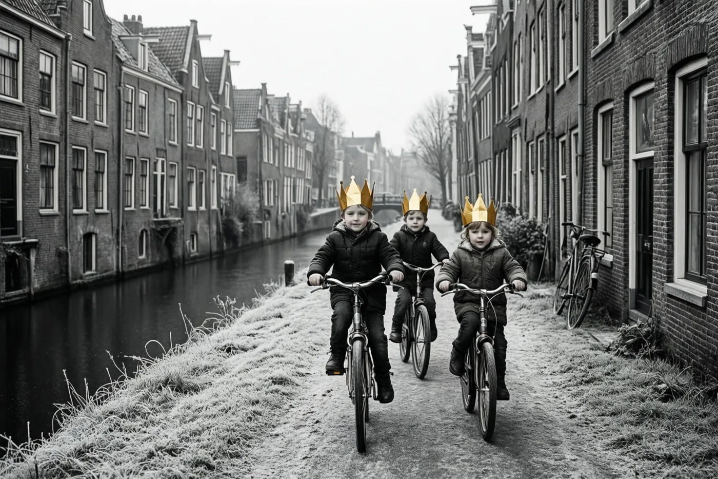 Drie kinderen met gouden papieren kronen fietsen over een berijpt pad langs een kanaal en oude bakstenen huizen, in zwart-wit met alleen de kronen in kleur.