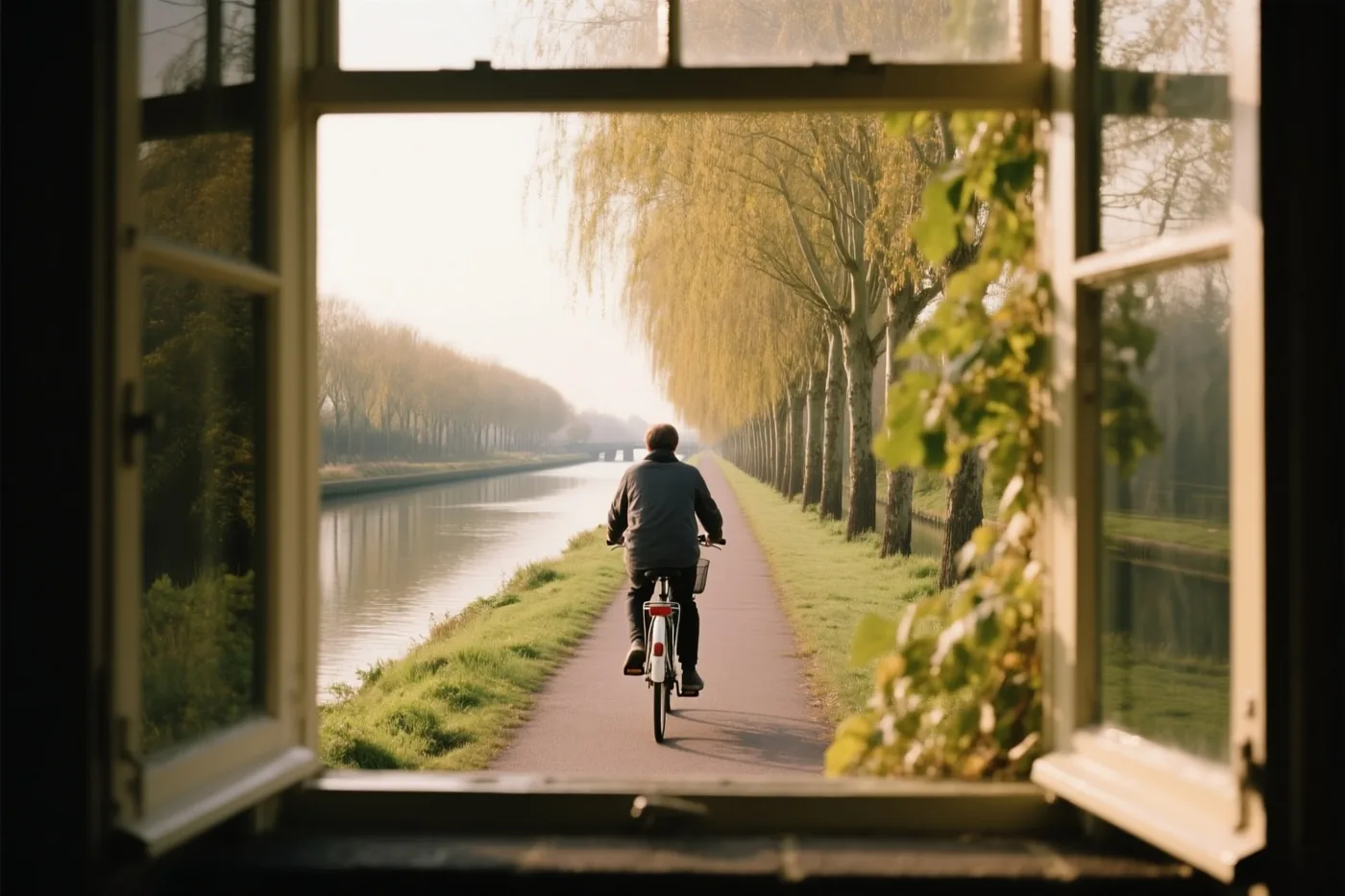 Door een open raam is een fietser van achteren te zien op een kanaalpad met populieren in warm goudkleurig licht.