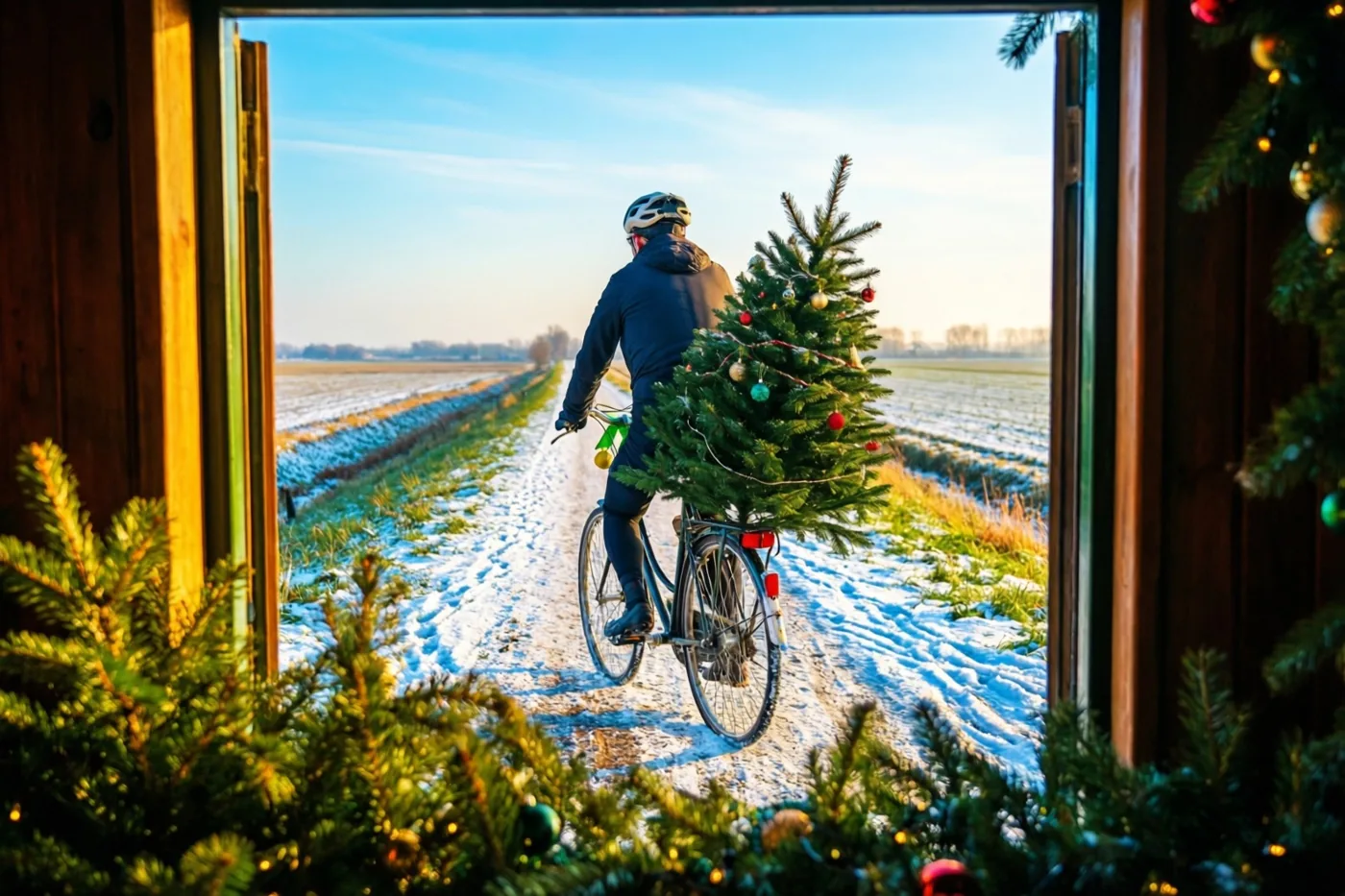 Door een houten deuropening met dennentakken en kerstversiering is een fietser van achteren te zien met een versierde kerstboom achter op de fiets op een besneeuwd pad onder een blauwe hemel.