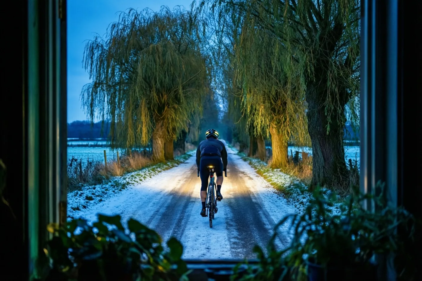 Door een raam is een fietser van achteren te zien op een besneeuwde weg tussen knotwilgen, met warm schijnende fietslichten in de blauwe schemering.