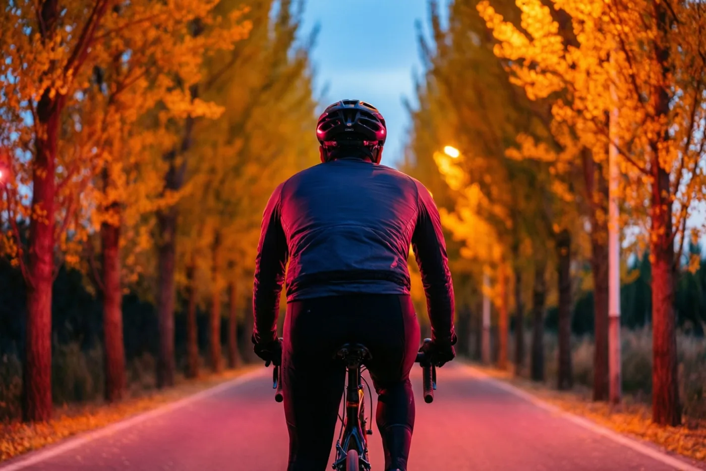 Een fietser rijdt van de kijker weg over een weg met bomen in de schemering, omringd door gouden en oranje tinten van herfstbladeren en straatverlichting.