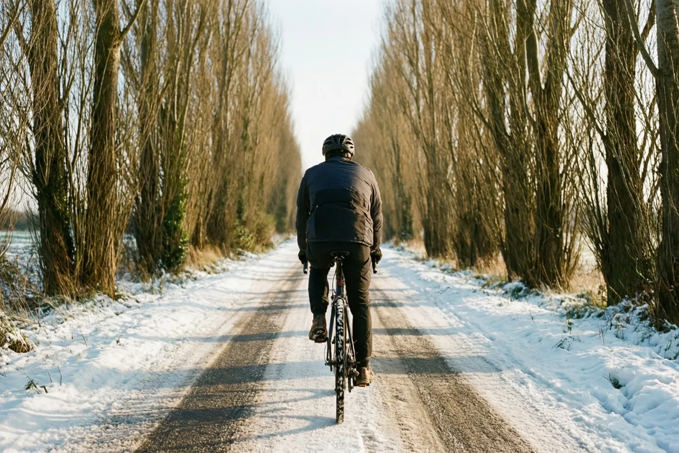 Een fietser met een helm en donkere kleding rijdt over een besneeuwde landweg tussen kale knotwilgen in zacht goudkleurig licht.