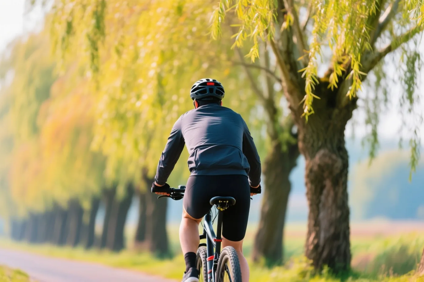 Een fietser met een helm en donkere kleren rijdt over een verhard pad langs knotwilgen in warm, goudkleurig zonlicht.
