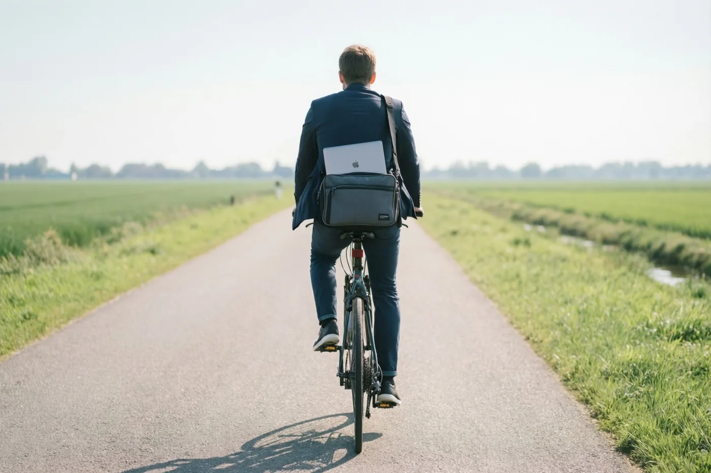Een persoon in een pak fietst met de rug naar de kijker over een verharde weg door groene polders onder een heldere hemel.