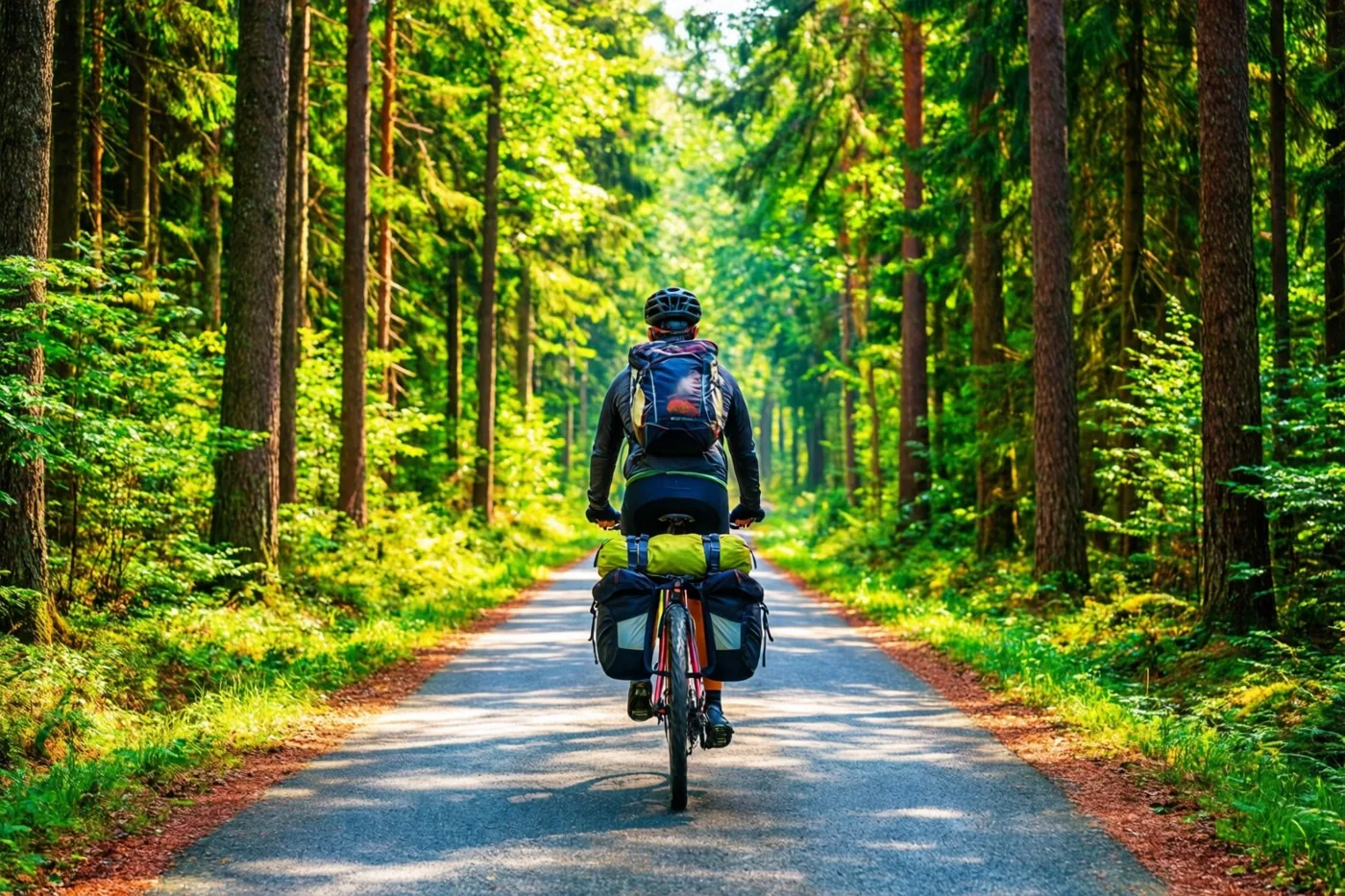 Een fietser met een rugzak en fietstassen rijdt weg over een verharde weg door een dicht groen bos waar fel zonlicht door de bomen valt.