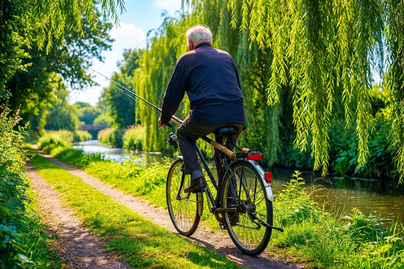 Een oudere man met wit haar fietst van de kijker weg over een grasrijk jaagpad langs een rustige rivier, met een hengel in de hand en groene wilgen in de felle zon.
