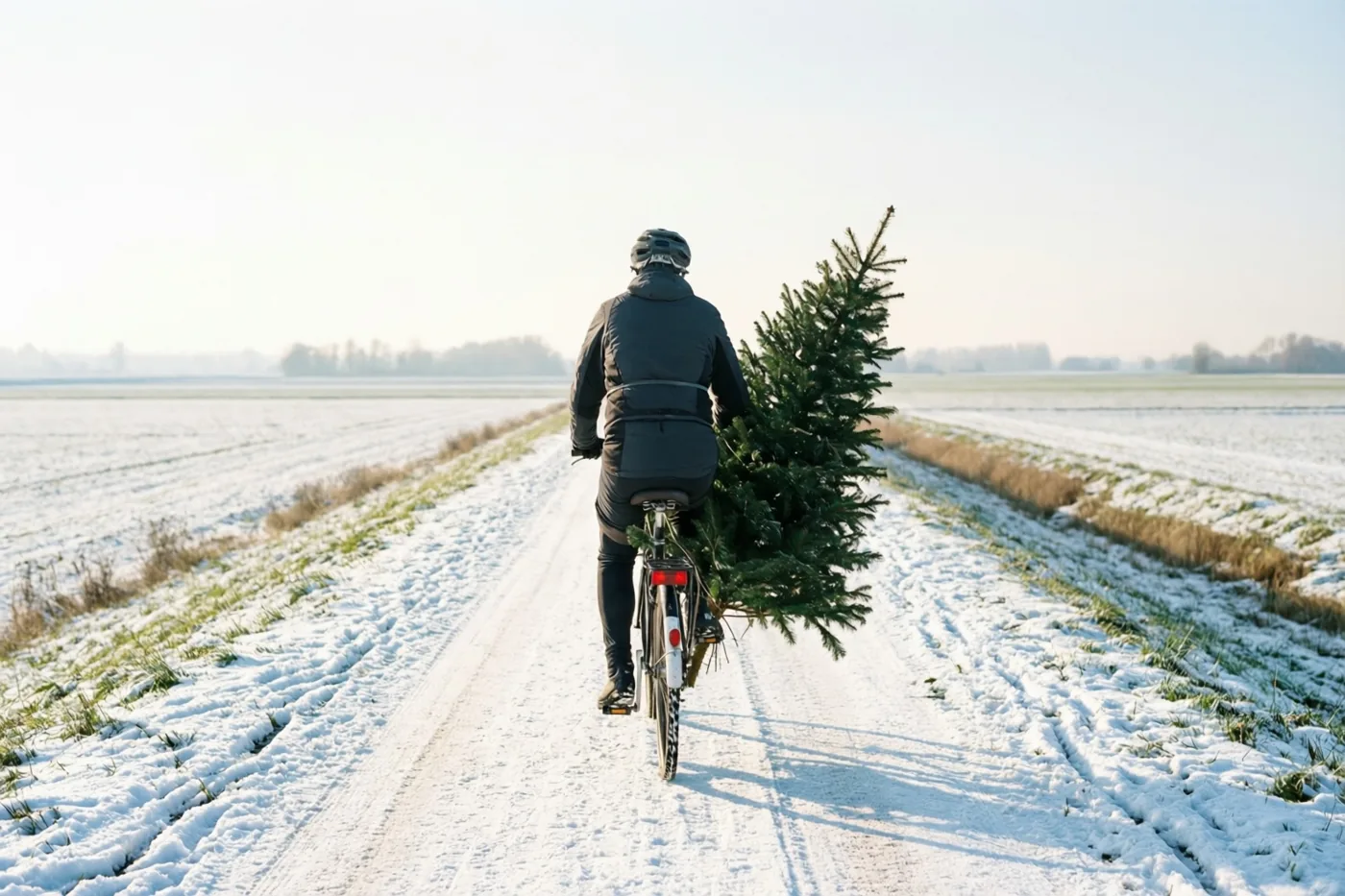 Een fietser rijdt van achteren gezien over een besneeuwd landelijk pad met een kerstboom achter op de fiets, door een witte polder onder een bleke hemel.