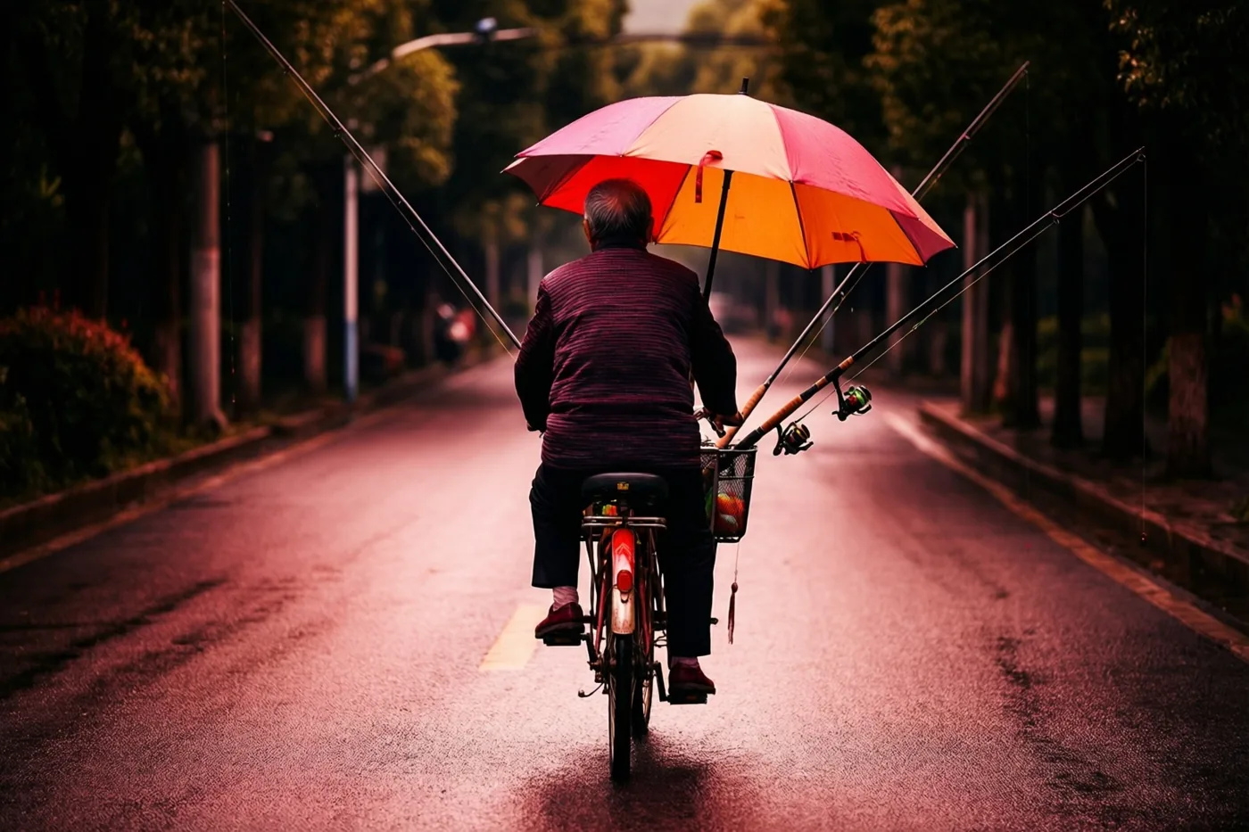 Een oudere persoon fietst met een kleurrijke parasol en meerdere hengels door een natte straat met bomen in warm roodachtig licht.