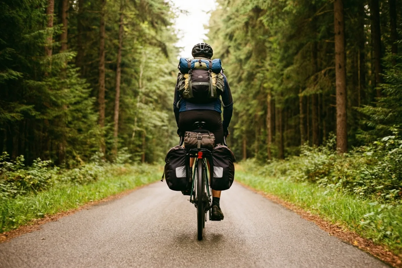 Een fietser met een grote rugzak en fietstassen rijdt alleen weg over een verharde weg door een dicht groen bos.